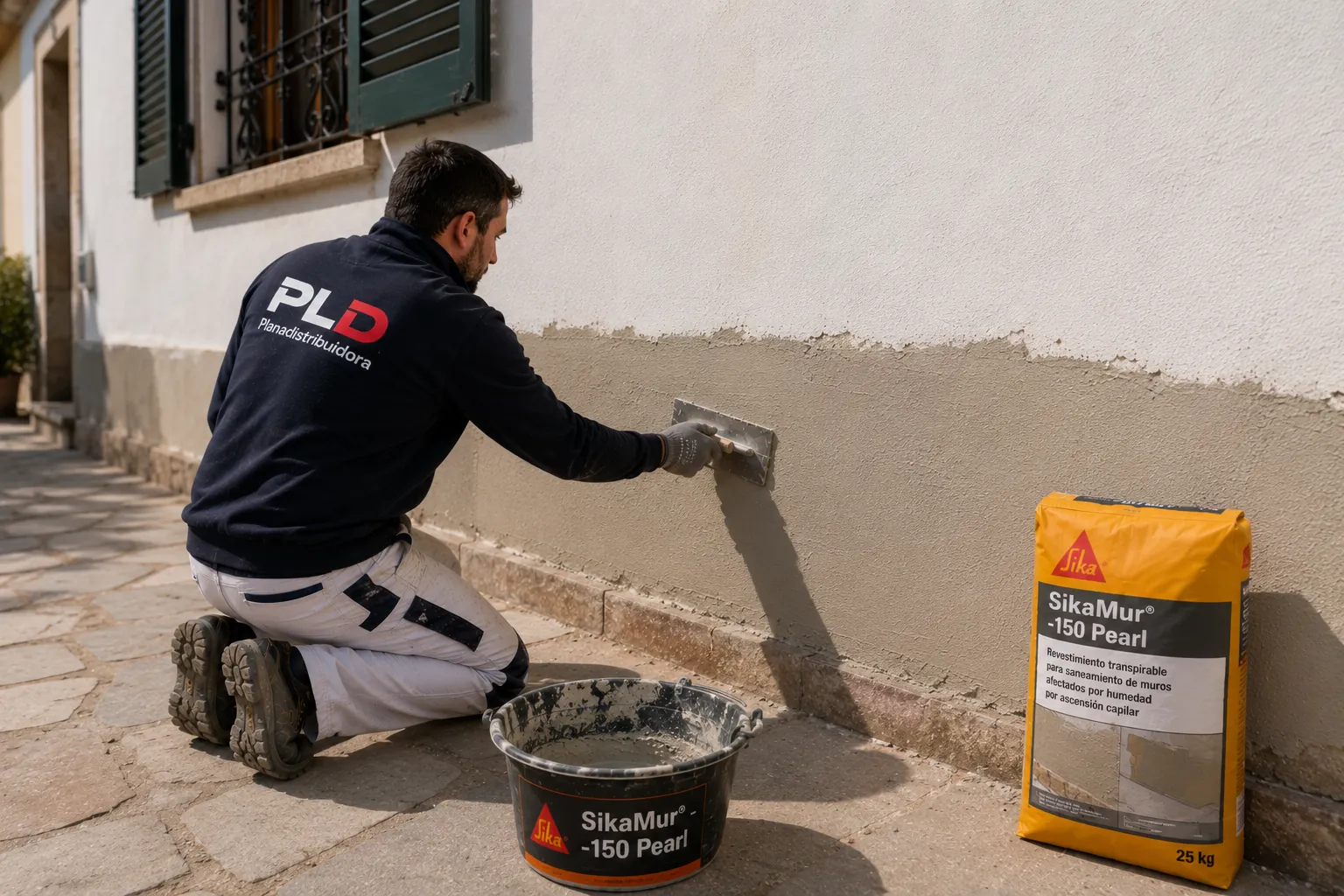 Técnico aplicando SikaMur-150 Pearl con llana en fachada exterior como revestimiento hidrofugado de acabado
