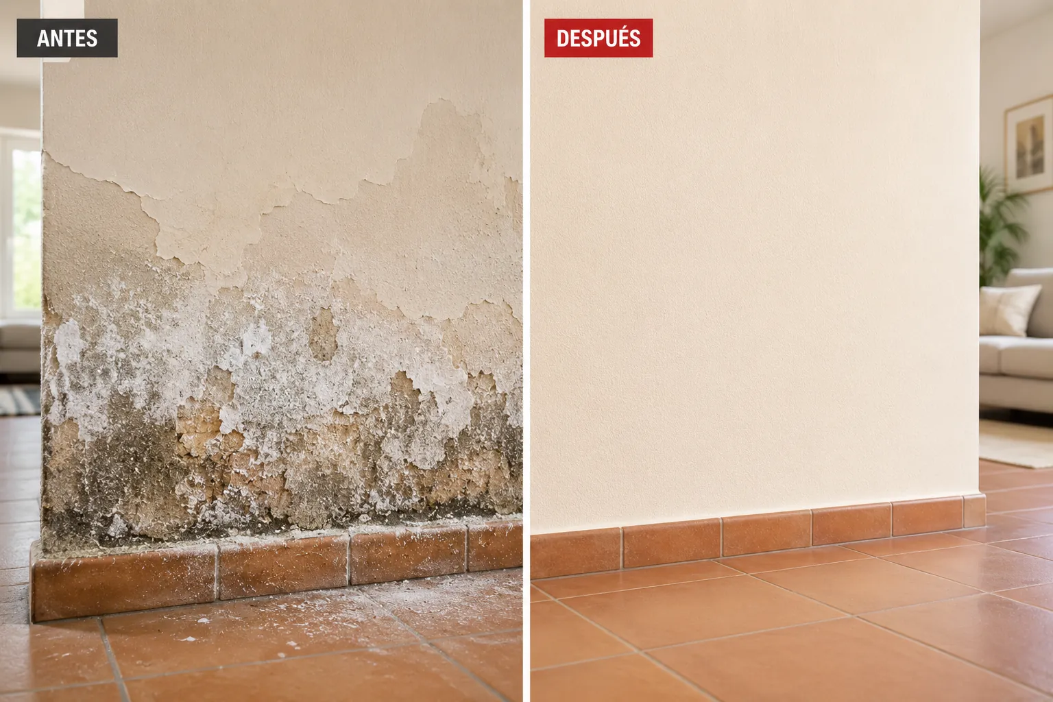Resultado antes y después del tratamiento de humedad por ascensión capilar con el sistema SikaMur