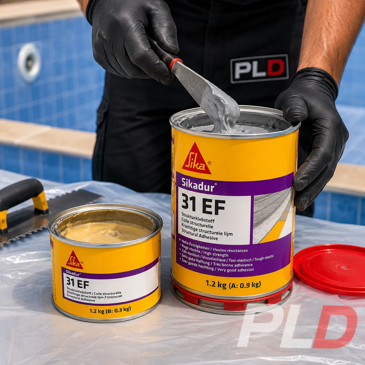 Preparación y mezcla de los componentes A y B de Sikadur 31+ con espátula