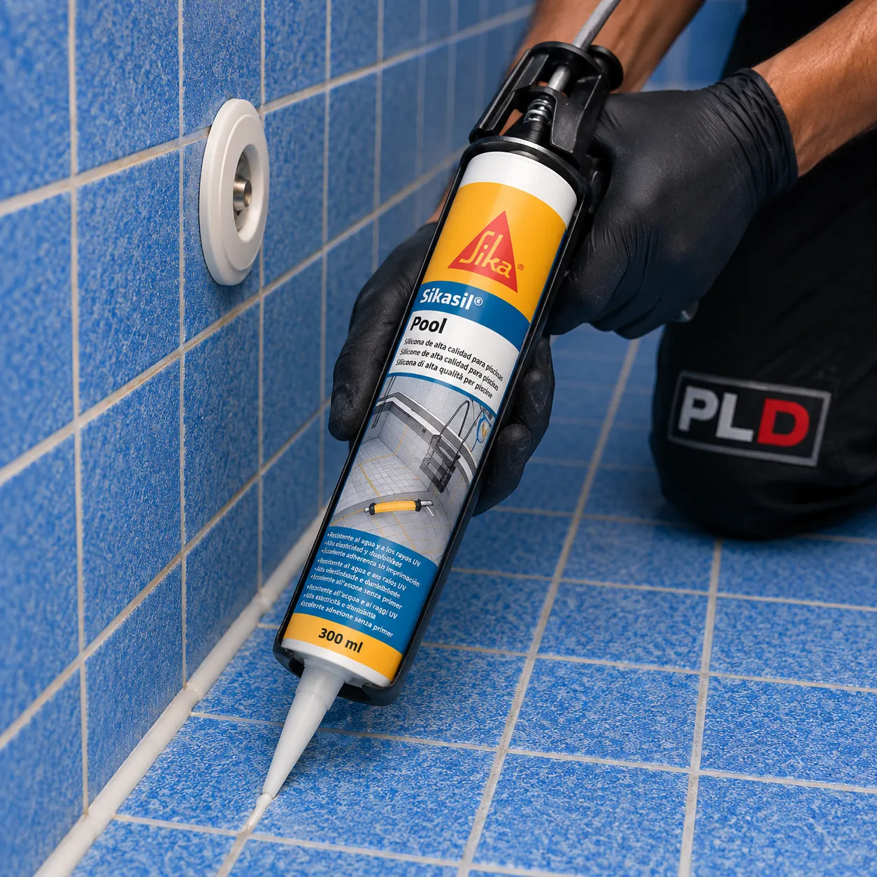 Aplicación de Sikasil Pool con pistola de cartucho rellenando la junta entre azulejos de piscina